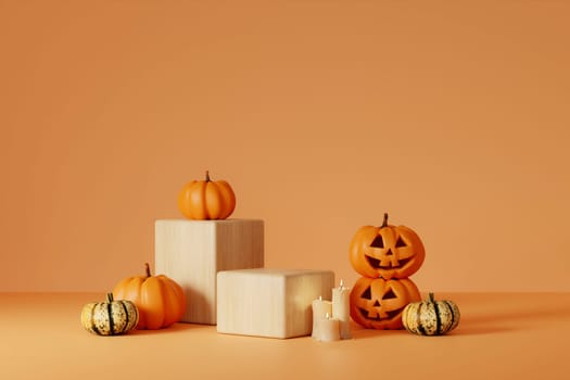 Halloween with pumpkin and empty minimal podium pedestal product display background and Halloween Elements. 3d render..