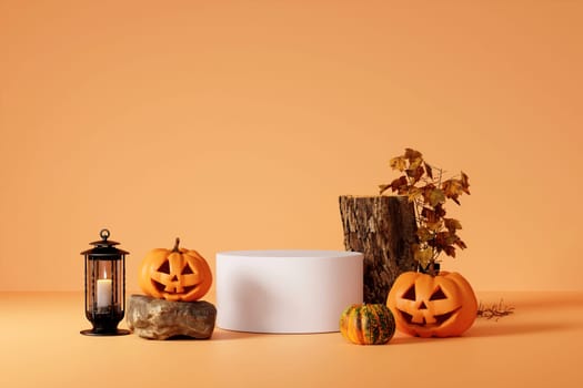 Halloween stone podium with scary faces pumpkins with candle and maple leaf on orange background . podium pedestal product display background and Halloween Elements. 3d render..