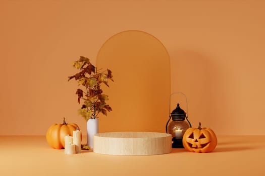 Halloween with pumpkin and empty minimal podium pedestal product display background and Halloween Elements. 3d render..