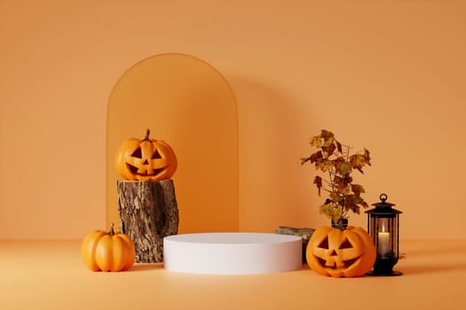 3D pedestal podium set on orange background. Halloween pumpkin with frame. pumpkin display showcase, product promotion. 3d render..