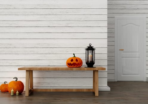 Pumpkins carved for Halloween. on the table in the home. Preparation for holiday. copy space. 3d render..