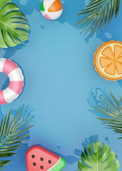 Summer swimming pool full of fun pool floats. Float on Water in the Tiled Pool Background. Summer Holiday Design Template for Banner, Flyer, Invitation, Brochure. 3d rendering illustration.