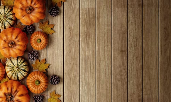 Top view Halloween decoration concept made from autumn leaves and pumpkin on wooden background. Flat lay, top view with copy space. 3d render..