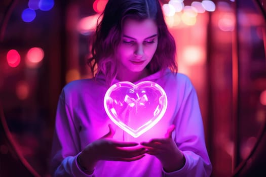 woman hold a pink neon heart. Generative AI.
