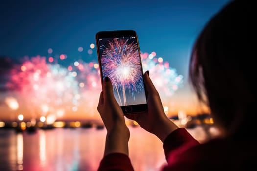 Woman take photo the fireworks display a night of celebration. Ai generated..