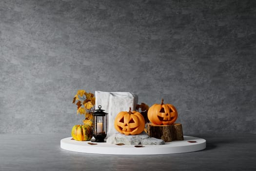 Halloween stone podium with scary faces pumpkins with candle and maple leaf. podium pedestal product display background and Halloween Elements. 3d render..