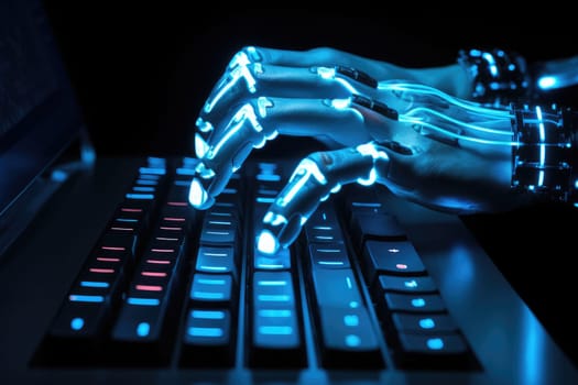 a hand of a robot typing on a laptop, chatbot robotic futuristic artificial intelligence concept. AI generative.