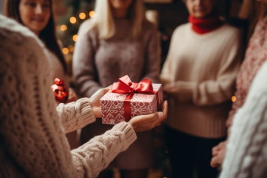 people wearing ugly sweater holding gift. Generative AI. High quality photo