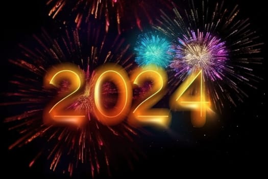 Brightly colored number 2024, happy new year on firework background. AI generative.