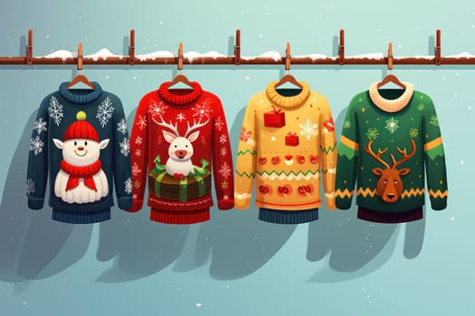 illustration of a pattern of ugly Christmas sweaters for wallpapers. AI generative.