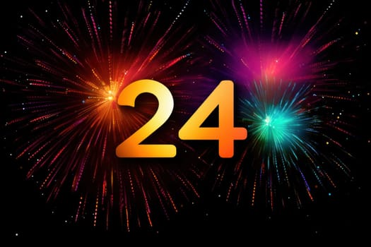 Brightly colored number 2024, happy new year on firework background. AI generative.