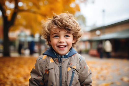 portrait photography of a child in city park . Generative AI.