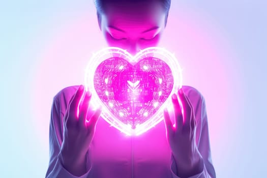 woman hold a pink neon heart. Generative AI.