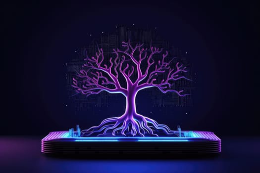 futuristic technological tree, in black background, generative ai.