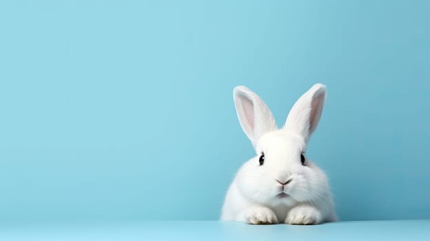 Cute rabbit bunny isolated on bright blue background, easter celebration concept