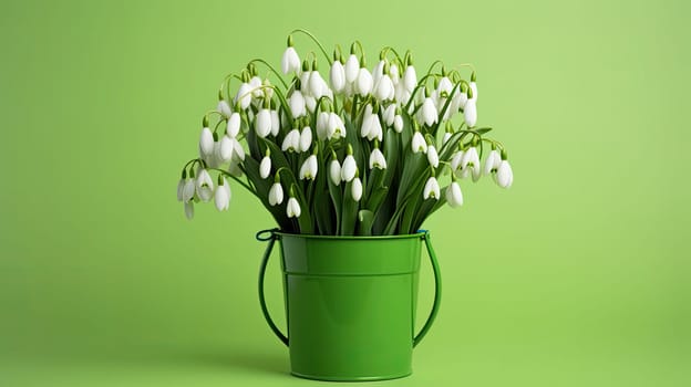 Bucket of a snowdrops isolated on the green background, easter celebration concept