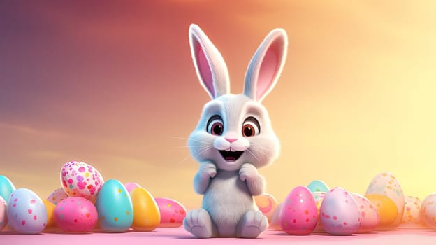 Happy, laughing, cartoon bunny rabbit with a colorful easter eggs around on the pastel color background