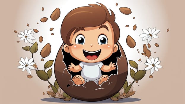 Cartoon, happy, laughing baby boy sitting in the cracked egg shell with flower decoration around