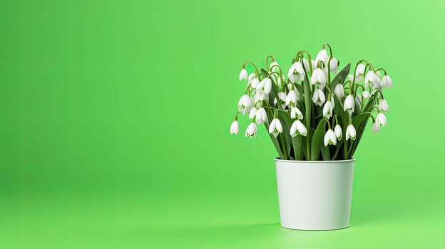 Bucket of a snowdrops isolated on the green background, easter celebration concept