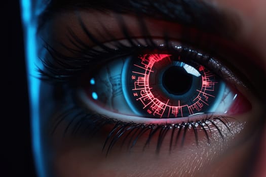 Futuristic woman eye display cyberspace concept science. AI generative.