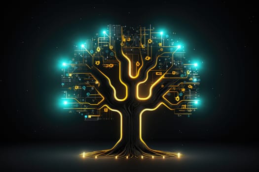 futuristic technological tree, in black background, generative ai.