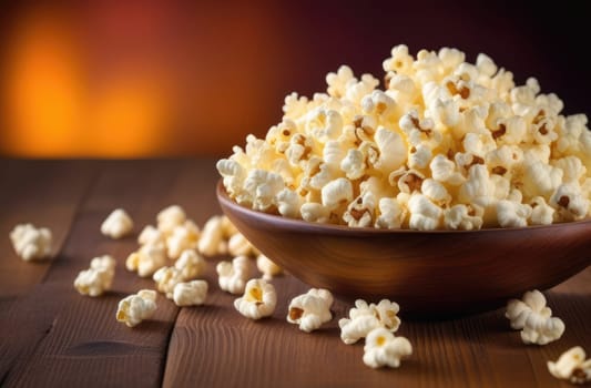 Food, popcorn. On a wooden table there is a full plate of fluffy white popcorn close-up. A little scattered on the table.