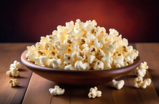 Food, popcorn. On a wooden table there is a full plate of fluffy white popcorn close-up. A little scattered on the table.