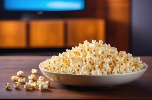 Food, popcorn. On a wooden table there is a full plate of fluffy white popcorn close-up. A little scattered on the table.