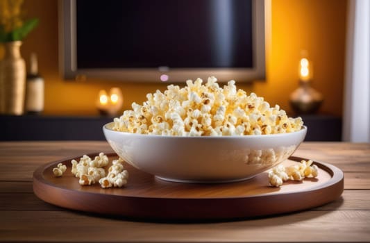 Food, popcorn. On a wooden table there is a full plate of fluffy white popcorn close-up against the background of a TV. Home interior. A little scattered on the table.