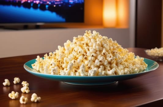 Food, popcorn. On a wooden table there is a full plate of fluffy white popcorn close-up against the background of a TV. Home interior. A little scattered on the table.