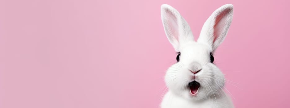 Surprised white rabbit bunny isolated on the bright pink background, easter celebration concept