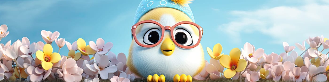 Cartoon chick with glasses and flowers around with a spring decoration on the blue sky background as banner