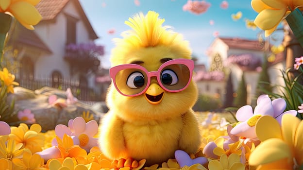 Lovely cartoon chick with an yellow flowers decoration and bright, yellow background as banner