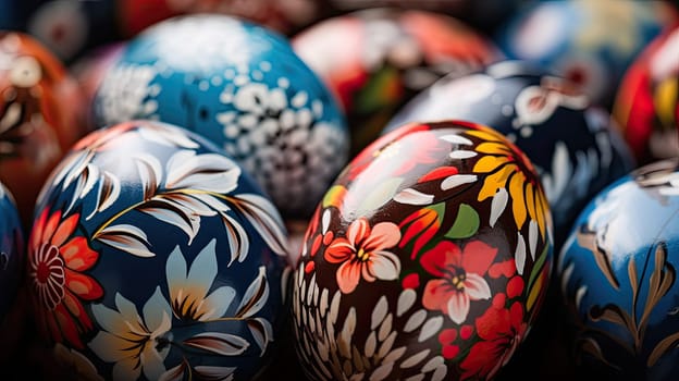 Detail to close up of a colorful painted eggs with floral patterns, easter celebration concept