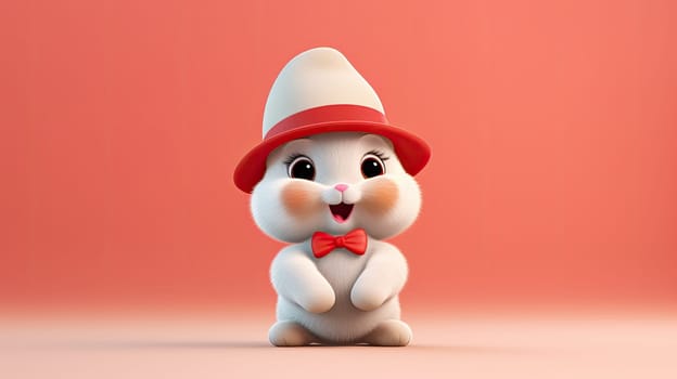 Sweet, lovely, happy rabbit bunny with hat isolated on the pastel red background, easter celebration concept