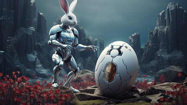 Robotic rabbit with a huge modern technology egg, future easter celebration concept