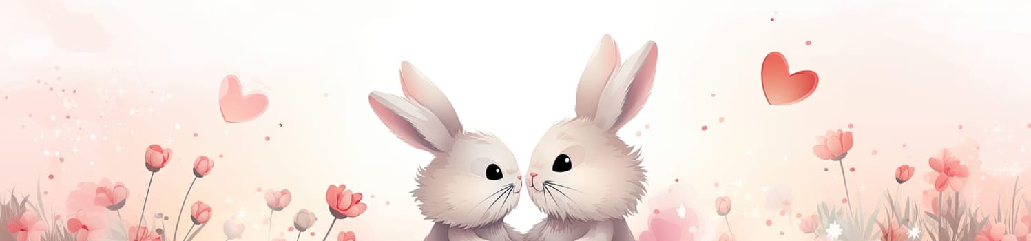 Cute couple of rabbits bunnies kissing together on an easter celebrated background with love