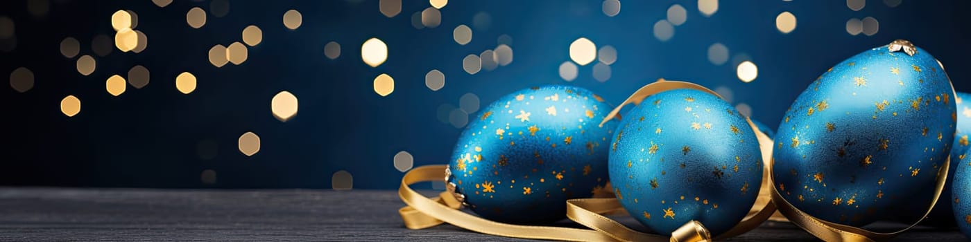 Blue eggs decorated by a gold confetti sprinkles on the blue background with glowing gold sparkles, easter celebration concept
