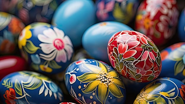 Detail to close up of a colorful painted eggs with floral patterns, easter celebration concept