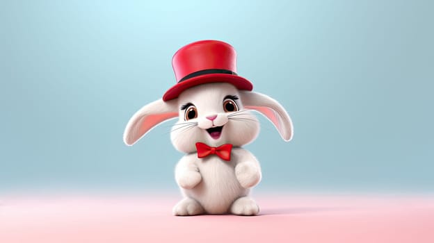 Cute, happy, laughing bunny rabbit with a red hat isolated on pastel pink and blue background