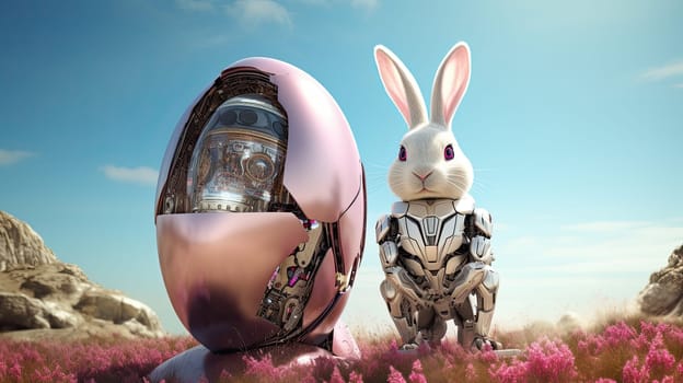 Robotic rabbit with a huge modern technology egg, future easter celebration concept