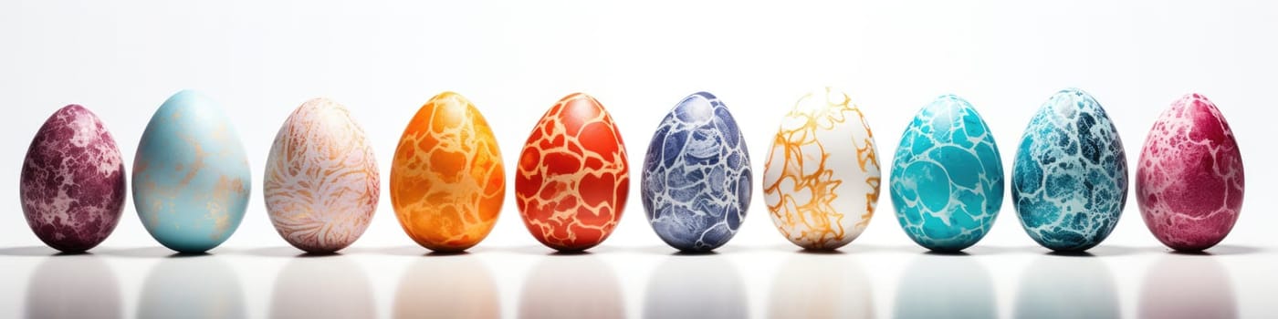 Colorful abstract easter eggs in the row isolated on the white background, easter celebration concept