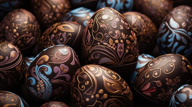 Close up of chocolate easter eggs with an ornaments by handmade, easter celebration concept