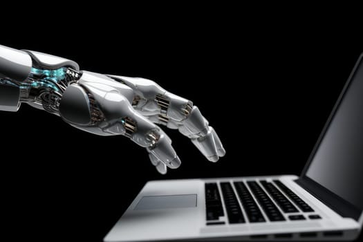 a hand of a robot typing on a laptop, chatbot robotic futuristic artificial intelligence concept. AI generative.