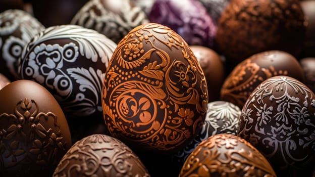 Close up of chocolate easter eggs with an ornaments by handmade, easter celebration concept