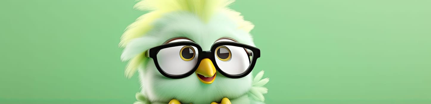 Cartoon chick with glasses on a bright, pastel green background as banner