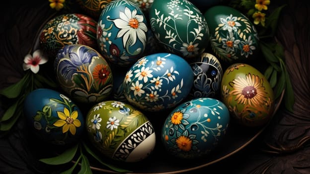 Close up of a hand painted easters eggs, easter celebration concept