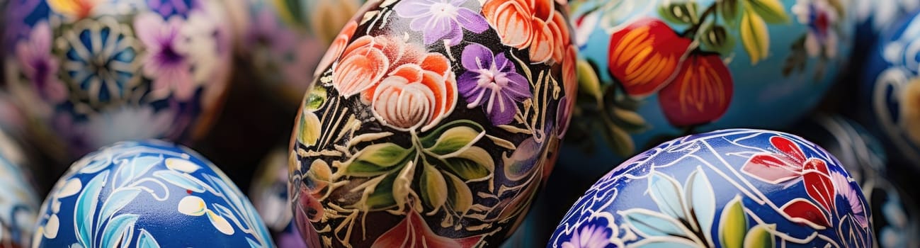 Detail to close up of a colorful painted eggs with floral patterns, easter celebration concept
