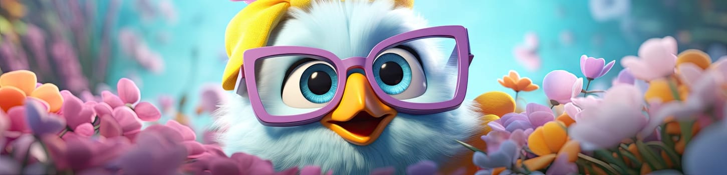 Cartoon chick with glasses and flowers around with a spring decoration on the blue sky background as banner