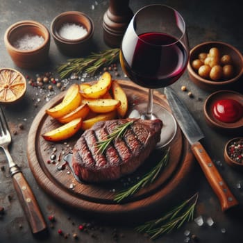 Still life with prepared food: on a wooden board there is a large piece of fried meat with blood, slices of fried potatoes and a glass of red wine. Spices and cutlery